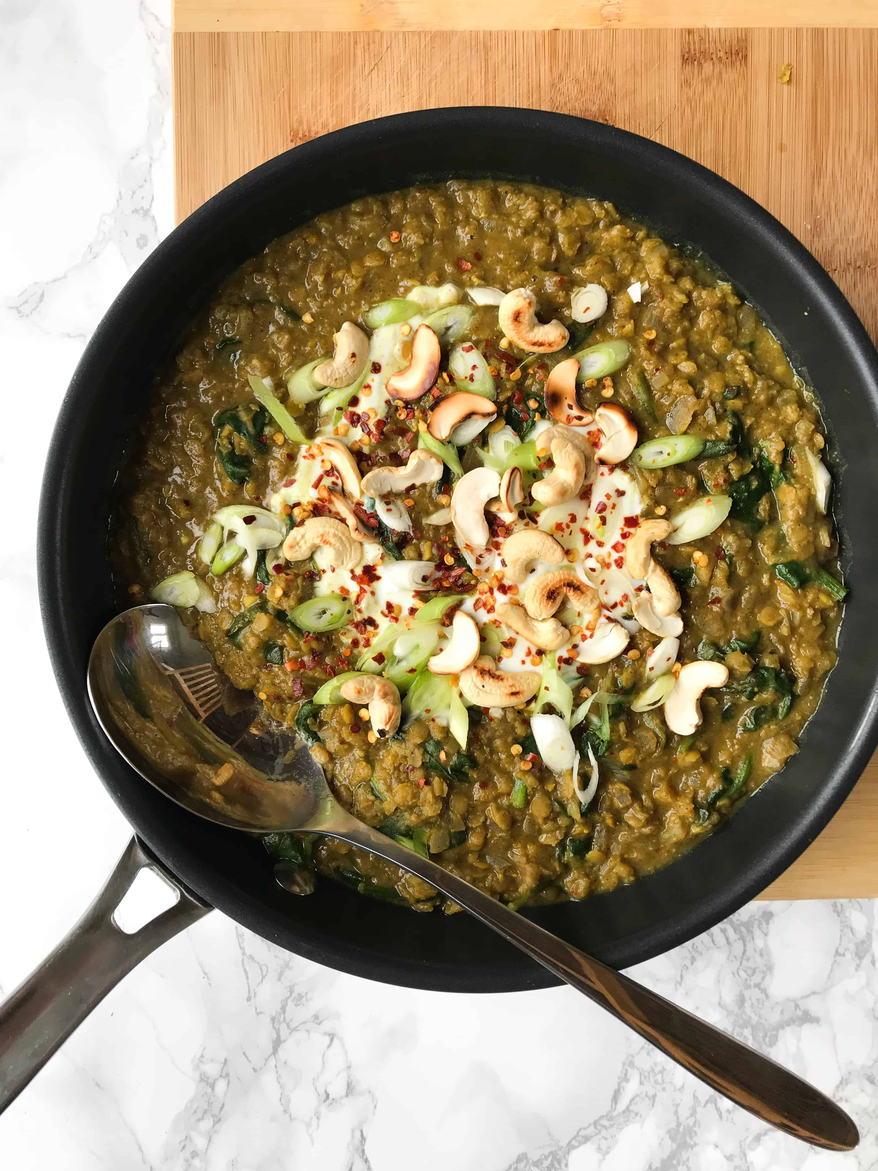 CREAMY COCONUT LENTIL CURRY WITH WILTED SPINACH (VEGAN)