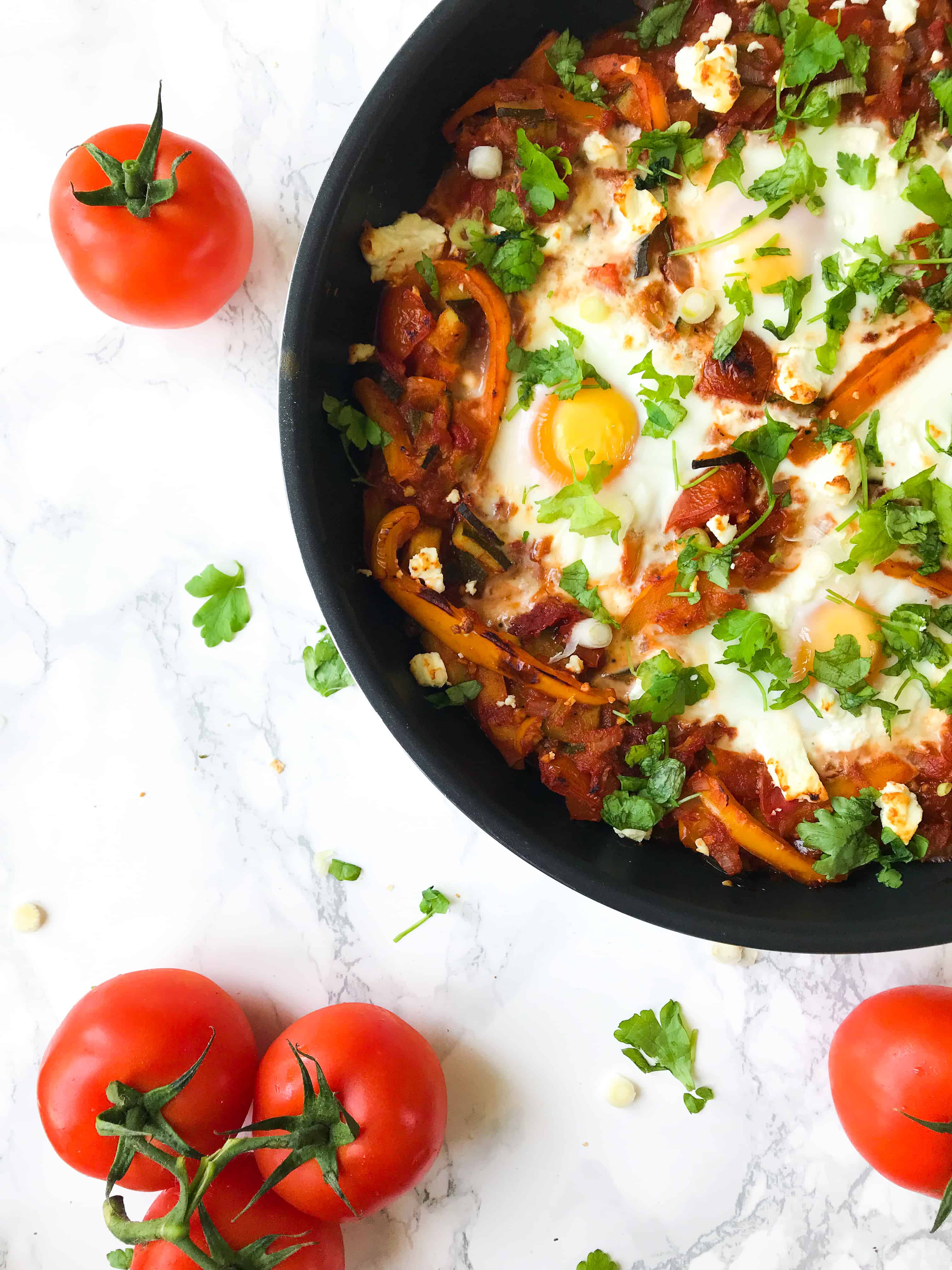 SHAKSHUKA - EGGS BAKED IN SPICED TOMATO SAUCE WITH FETA