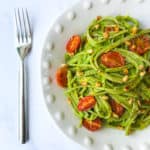 Avocado Pesto Pasta with Roasted Tomatoes and Pine Nuts. Vegan, GF & Healthy!