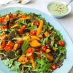 Chilli Roasted Vegetable and Lentil Salad with Coriander Yoghurt Dressing. Vegan, GF & Healthy!