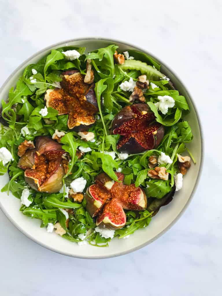 Honey Roasted Fig Salad with Goats Cheese, Wild Rocket & Walnut Salad with a Balsamic Reduction. Healthy, GF & Vegan Option - Georgie Eats.