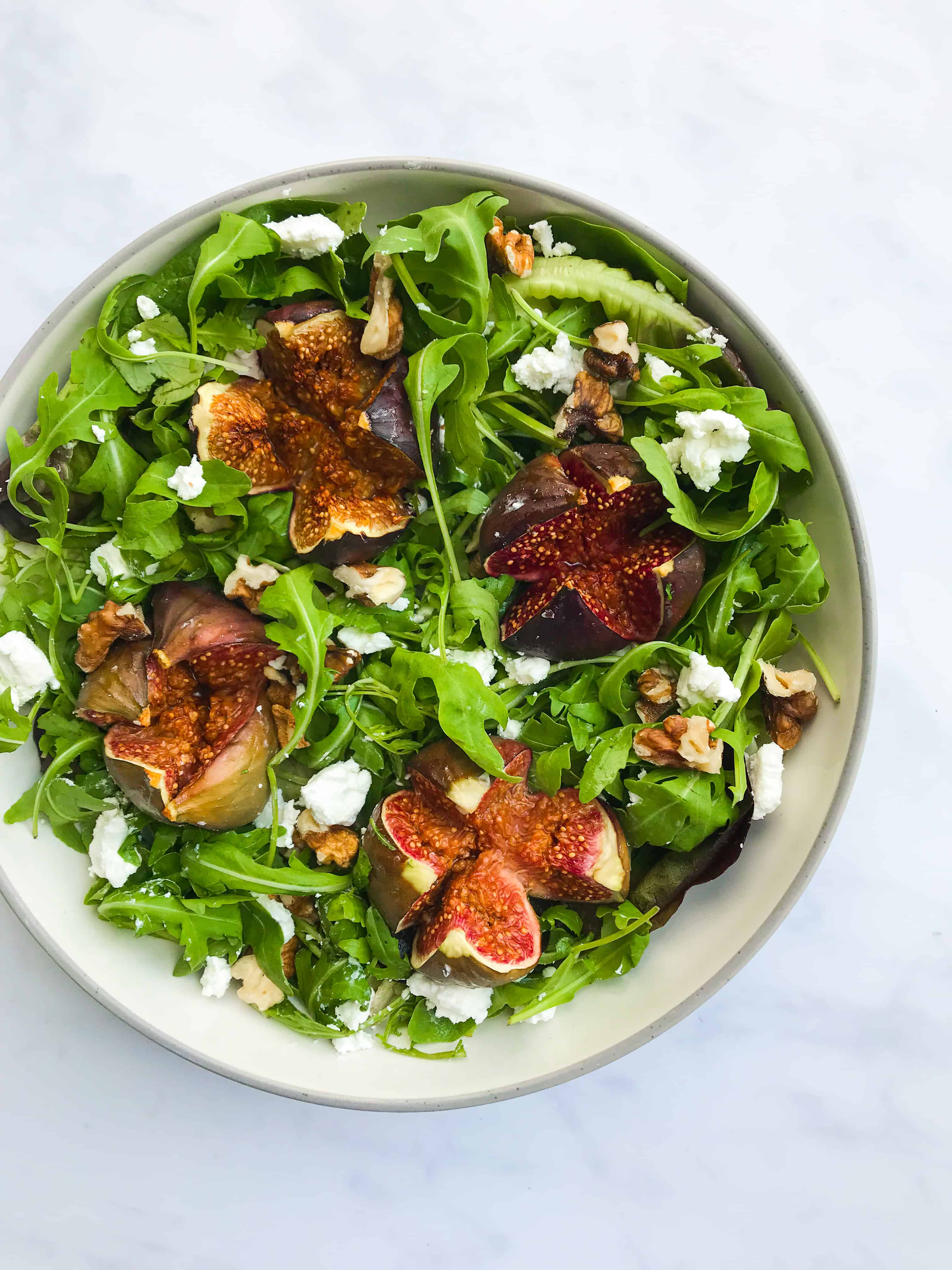 Honey Roasted Fig, Goats Cheese, Wild Rocket & Walnut Salad with a Balsamic Reduction. Healthy, GF & Vegan Option - Georgie Eats.