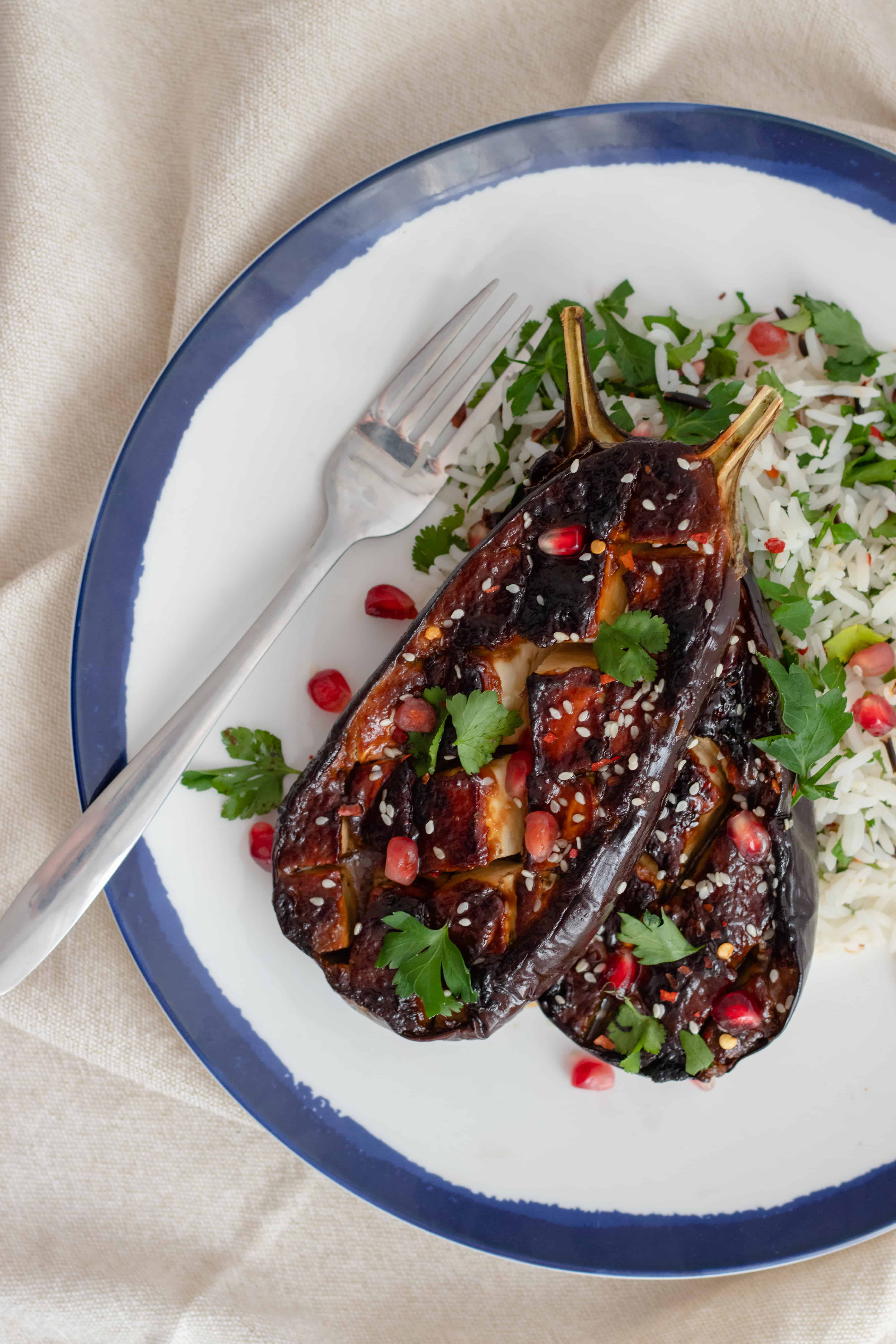 Miso Aubergine Herby Wild Rice Pomegranate Seeds I Georgie Eats