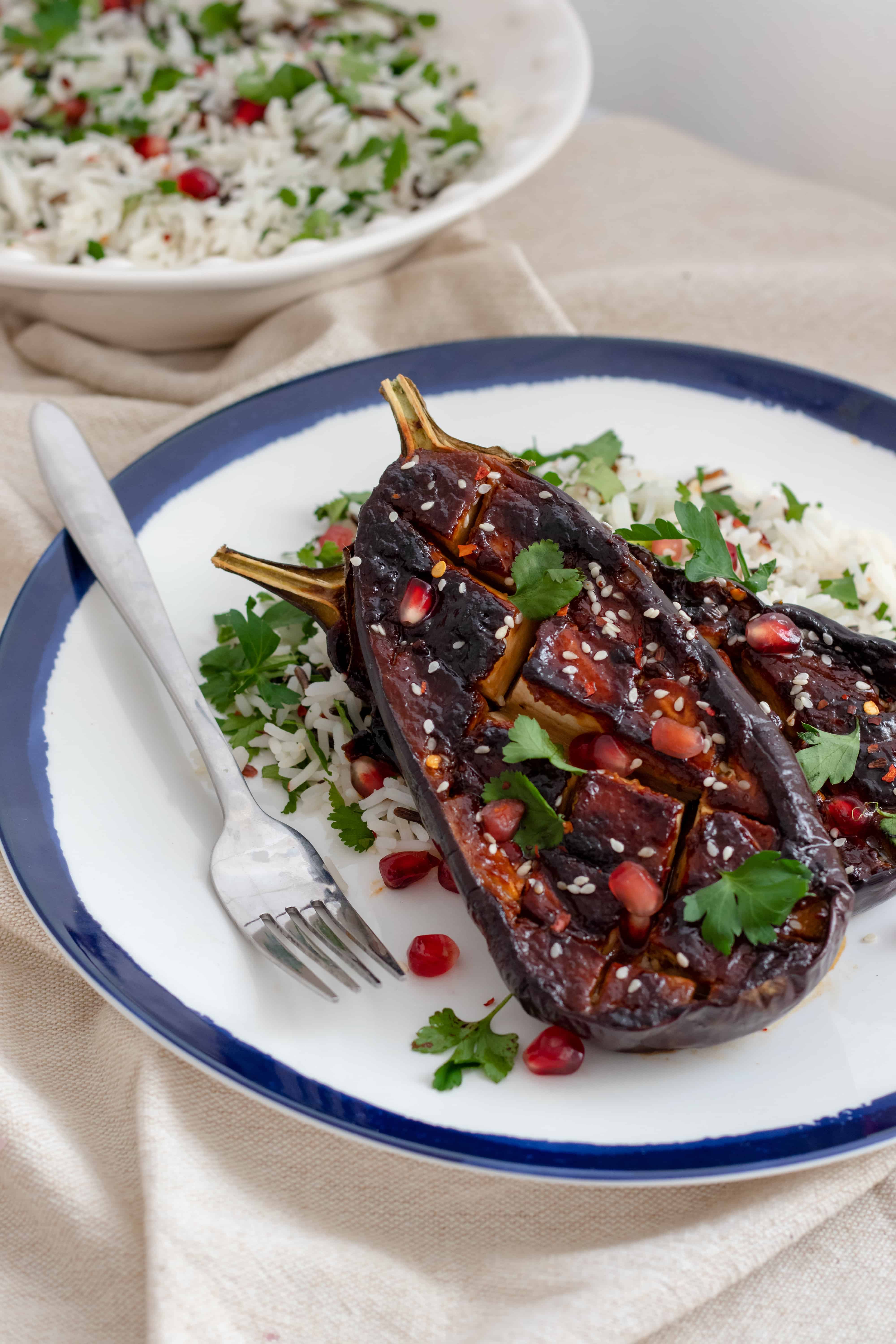 miso aubergine & herby rice