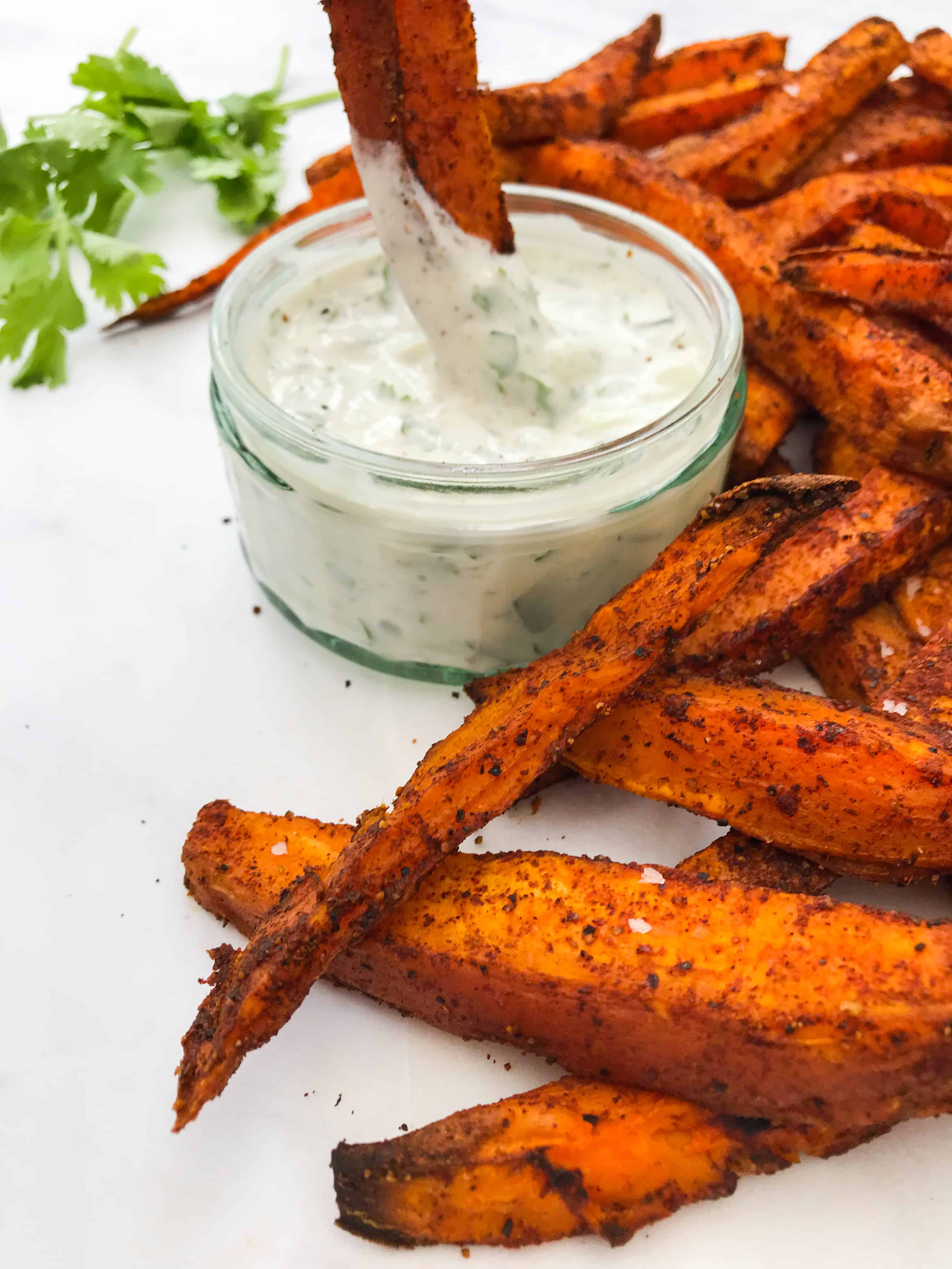 Smokey Sweet Potato Fries with Taztziki Dip I Georgie Eats