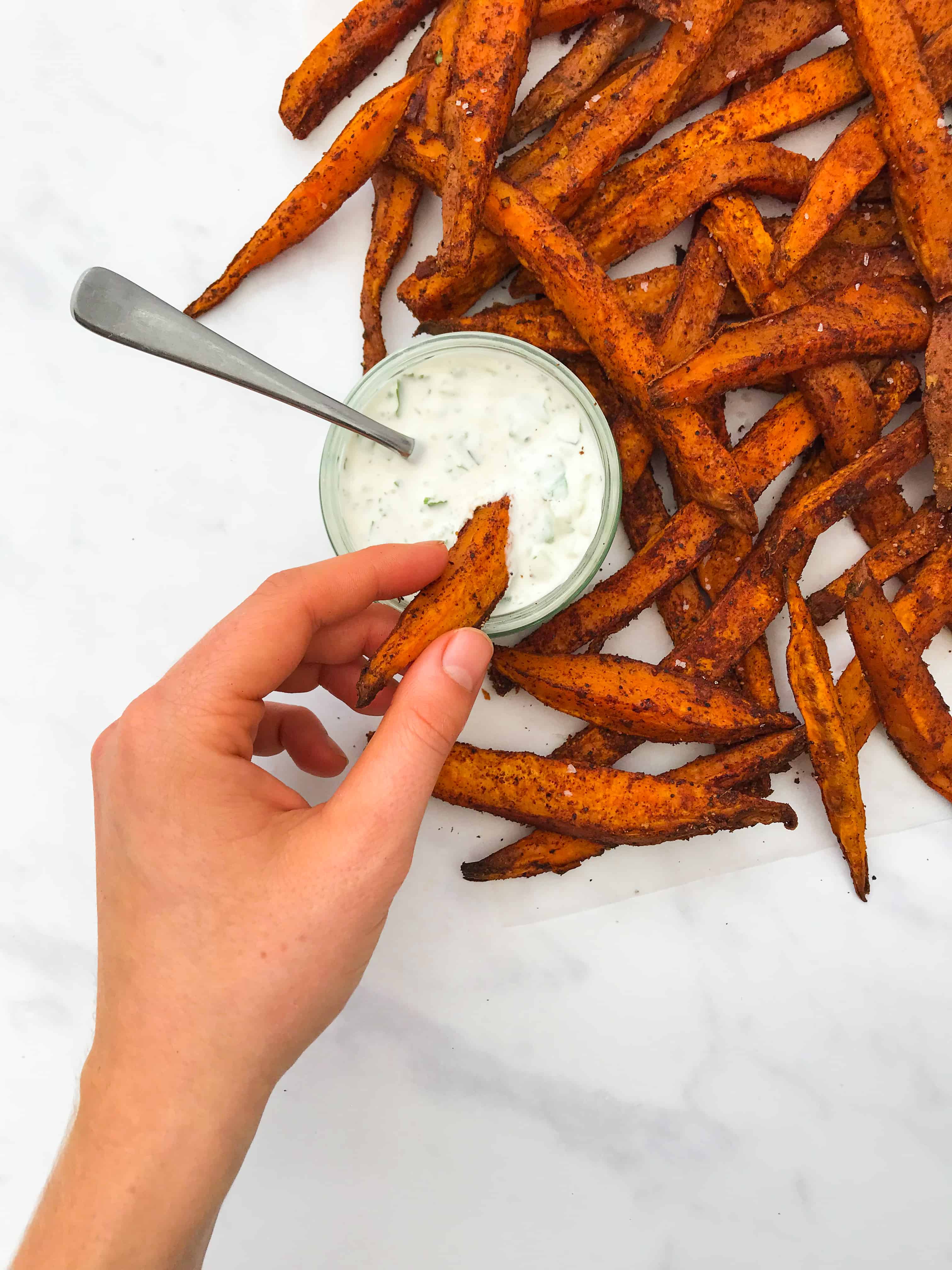 Smokey Sweet Potato Fries with Taztziki Dip I Georgie Eats