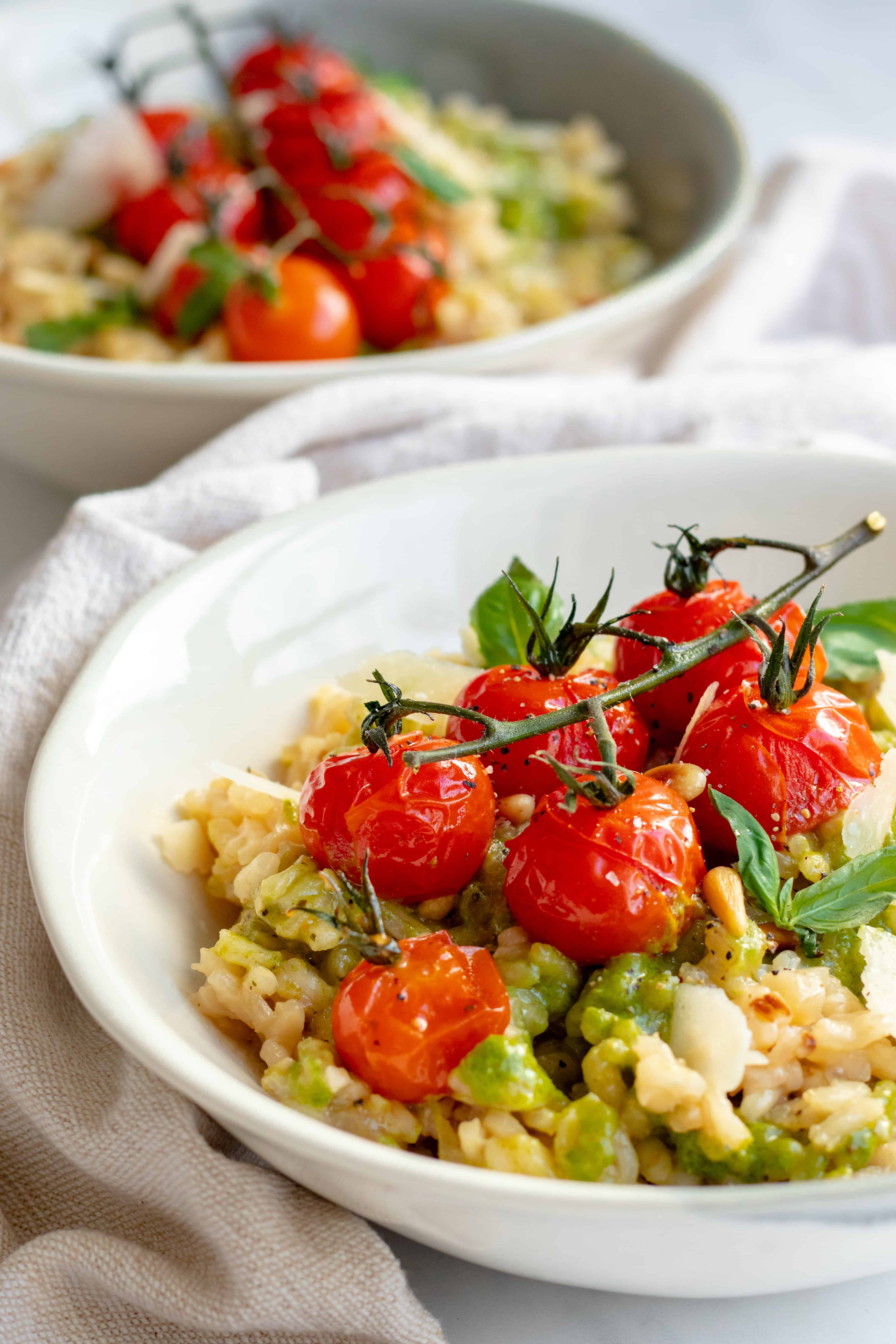 Baked Pesto Risotto with Roasted Tomatoes I Georgie Eats