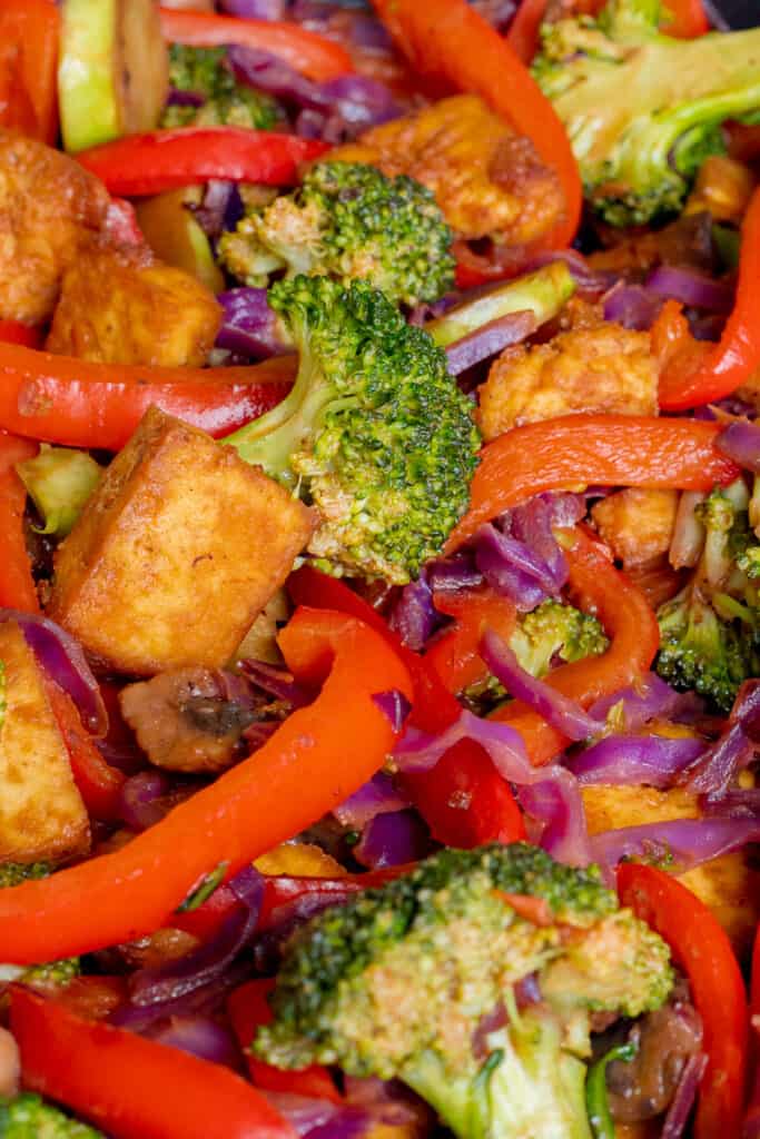 Close up of Crispy Tofu Hoisin Stir-fry. Vegan, GF & Healthy! Georgie Eats.