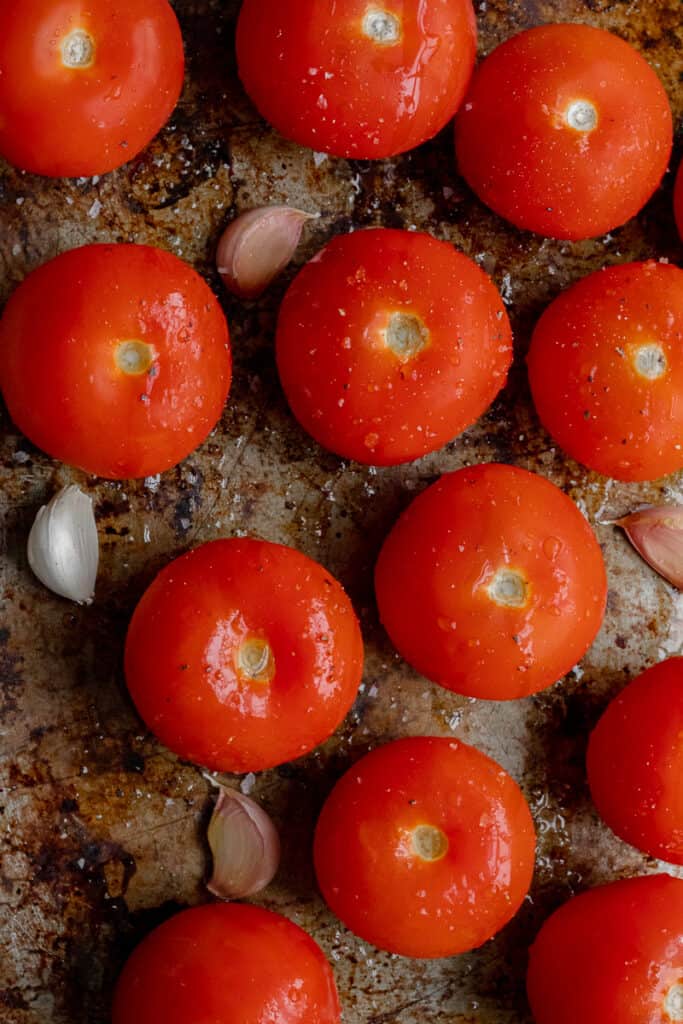 Tomatoes on a baking tray. 