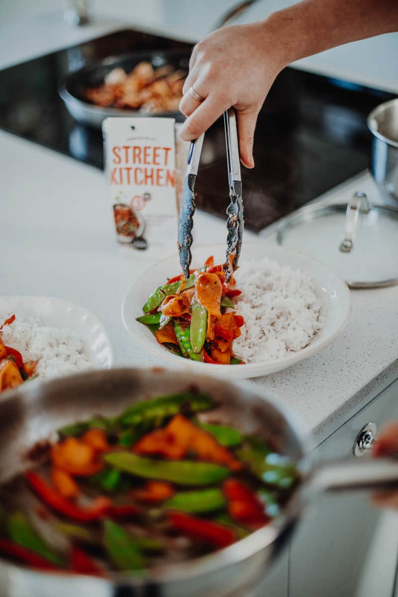 Serving up the rainbow Stir-fry with satay tofu skewers.