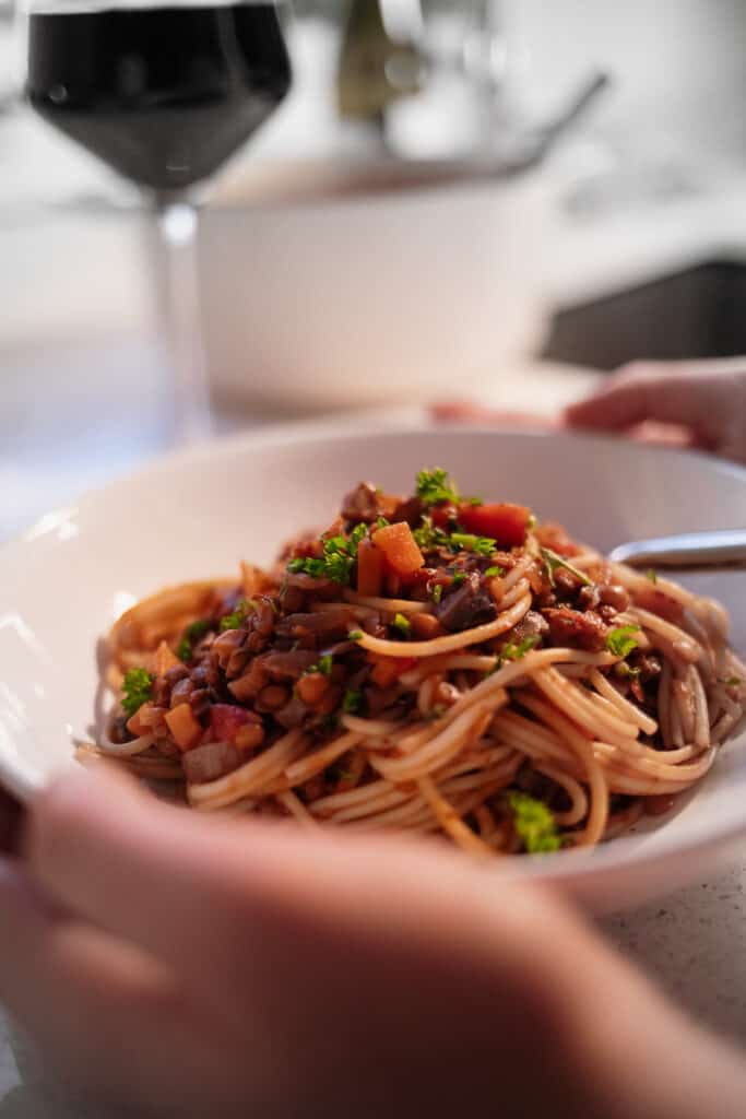 Close up of Best Ever Lentil Bolognese - Vegan, GF & Healthy! Georgie Eats.