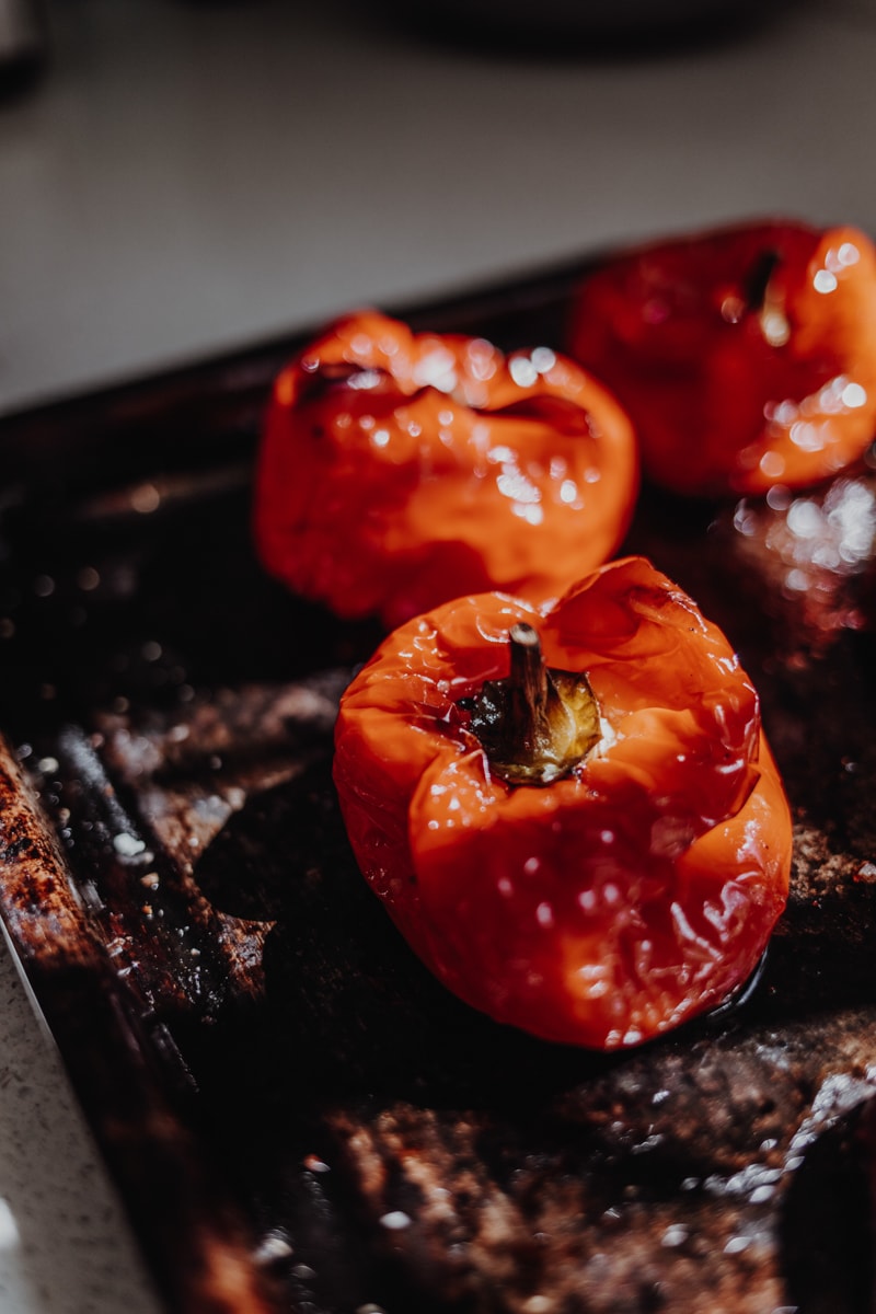 Roasted Red Peppers on a tray