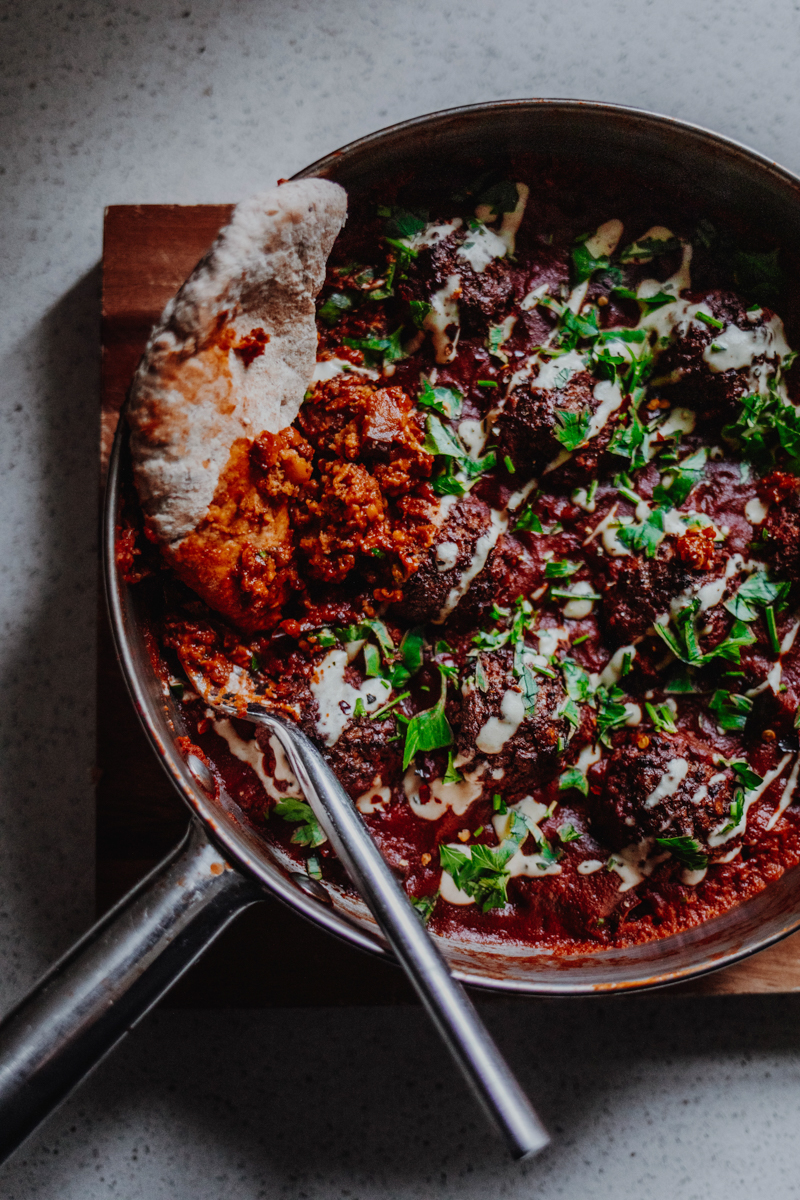 Falafel Shakshuka Served with Flatbreads - Vegan, GF & Healthy! Georgie Eats