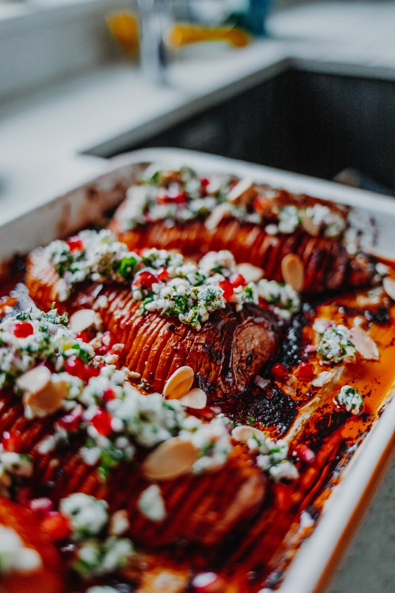 Harissa Hassleback Butternut Squash with Herby Feta Salsa - gluten-free & healthy! Georgie Eats.