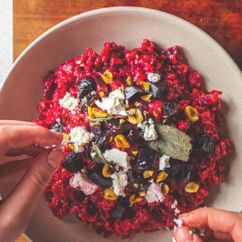 Beetroot Risotto with Feta, Crispy Sage Leaves & Toasted Hazelnuts