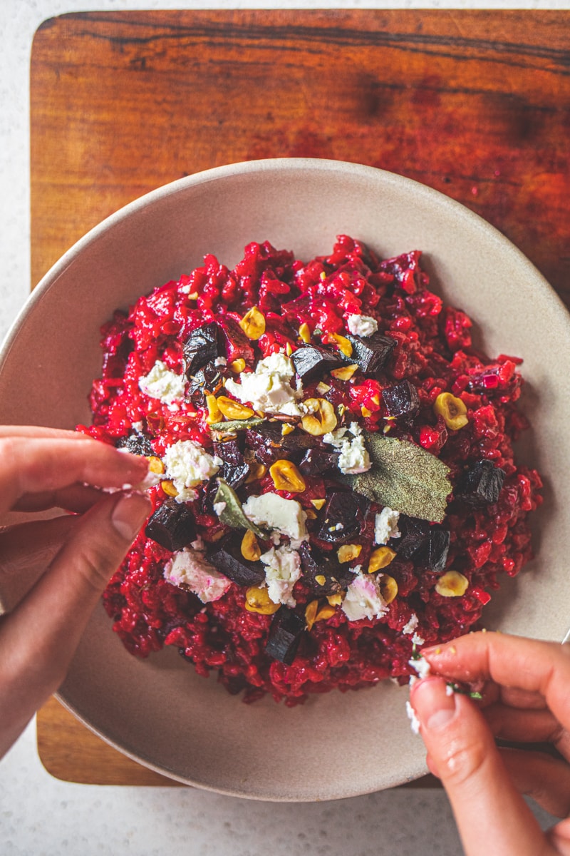 Beetroot Risotto with Feta, Crispy Sage Leaves & Toasted Hazelnuts