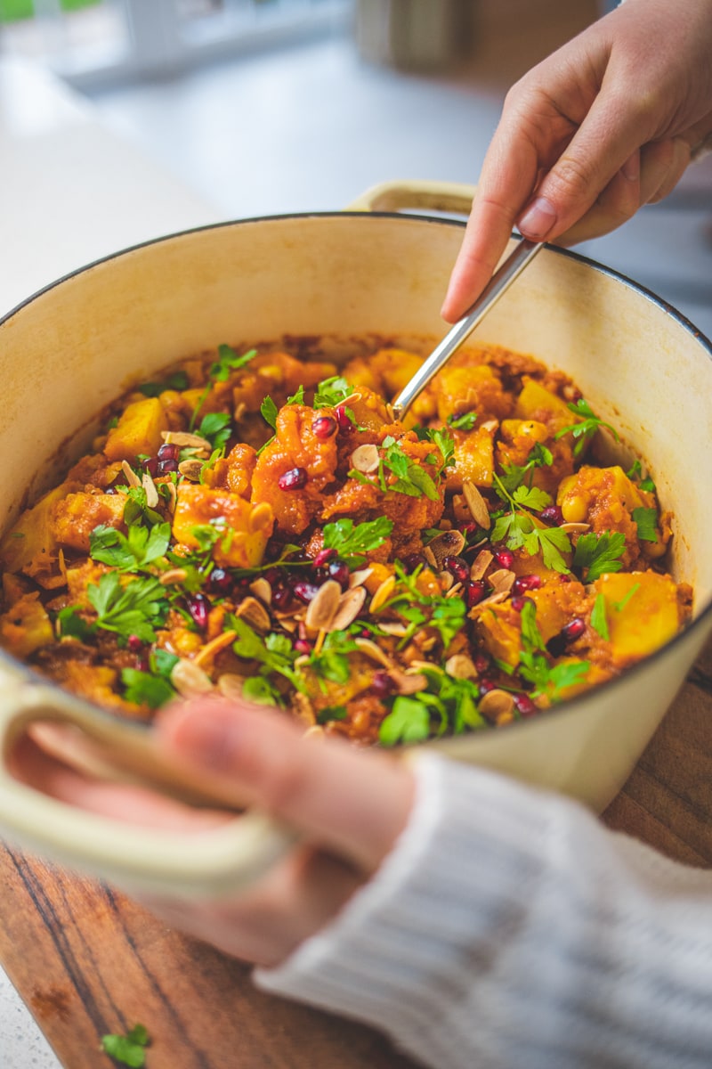 Vegan Root Vegetable Tagine with toasted almonds and pomegranate - Georgie Eats