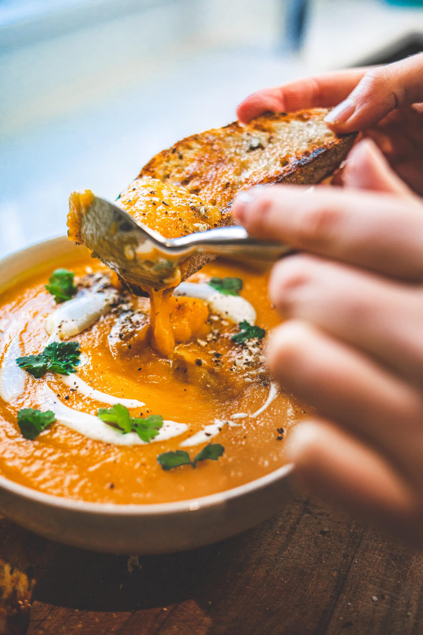 Carrot and potato soup with cumin toast