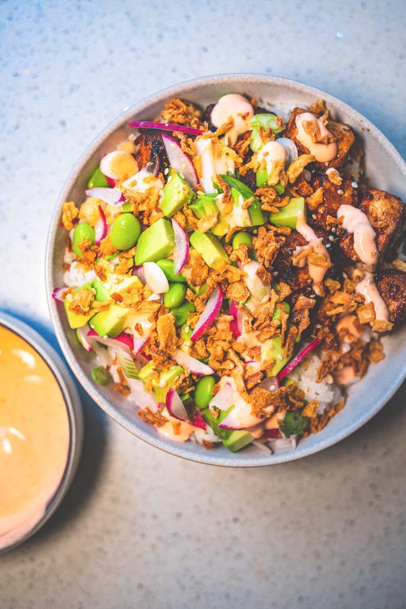 Crunchy Tofu Sushi Bowls with Sriracha Mayo - Georgie Eats