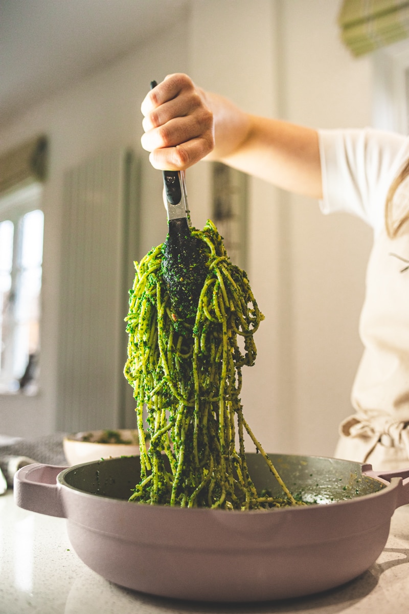 Kale Pesto Pasta with Sourdough Crumb - Georgie Eats