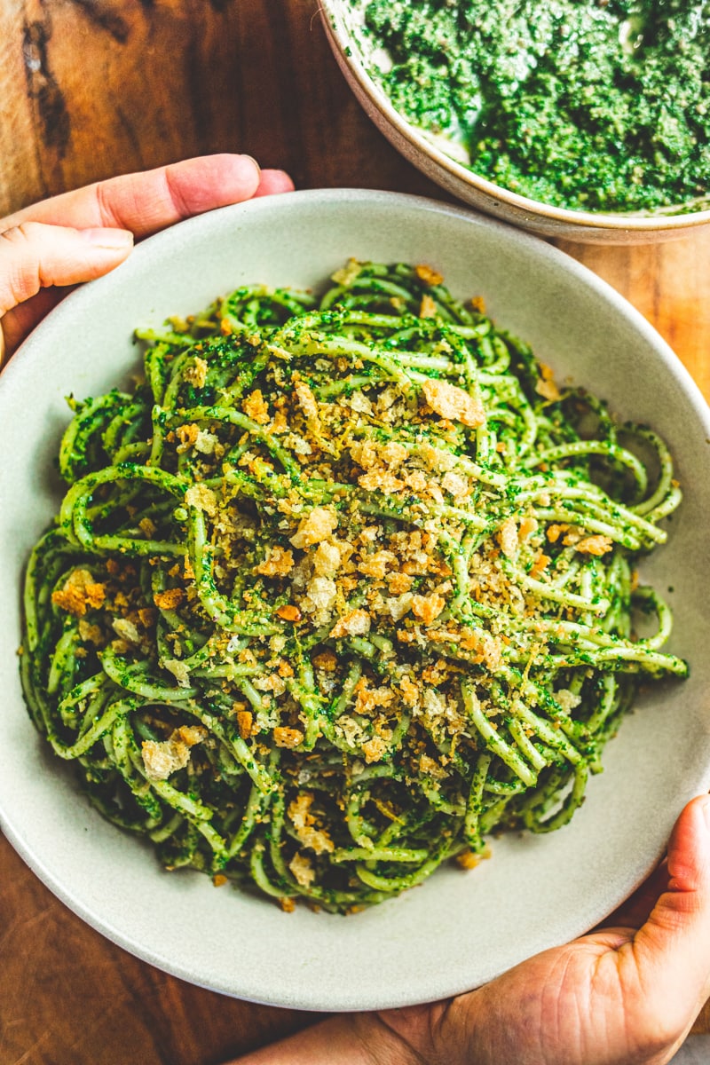Kale Pesto Pasta with Sourdough Crumb - Georgie Eats
