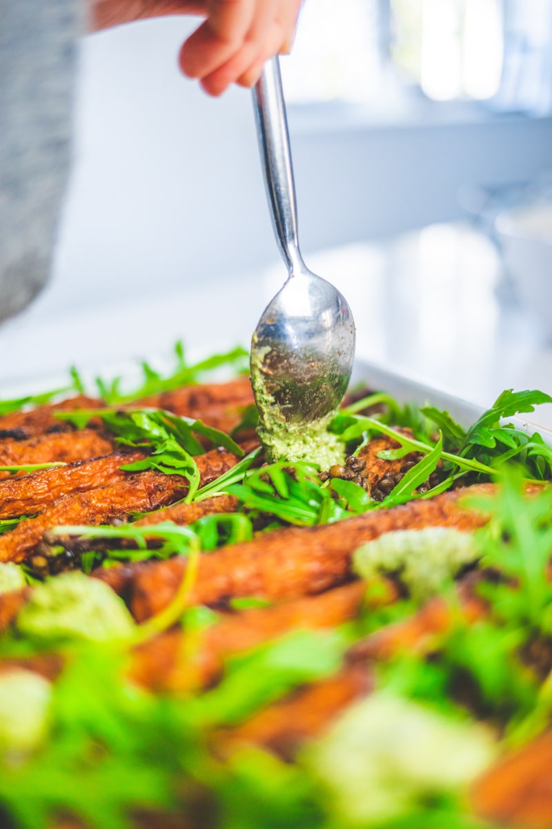 Roasted Carrot Salad with Lentils and Carrot Top Sauce - Georgie Eats