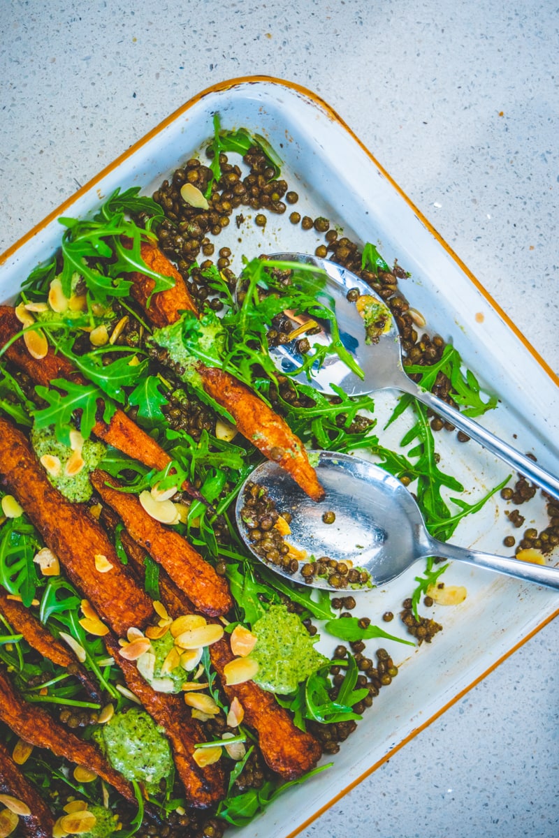 Roasted Carrot Salad with Lentils and Carrot Top Sauce - Georgie Eats
