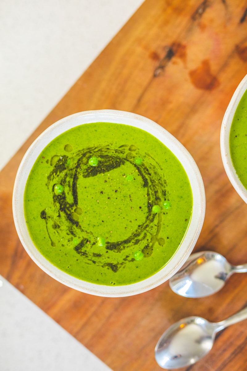 Pea & Watercress Soup with Herby Drizzle close up - Georgie Eats