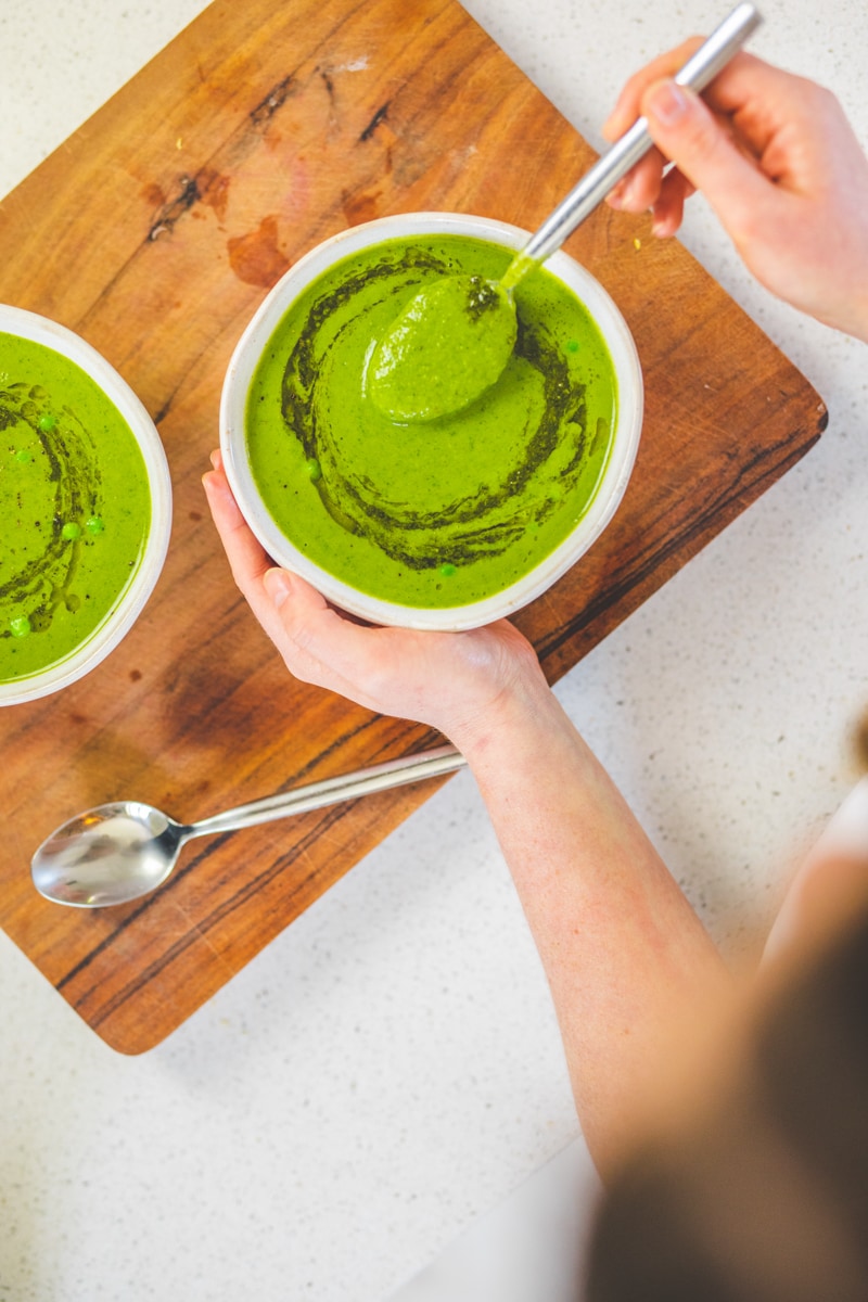 A spoonful of Pea & Watercress Soup with Herby Drizzle - Georgie Eats