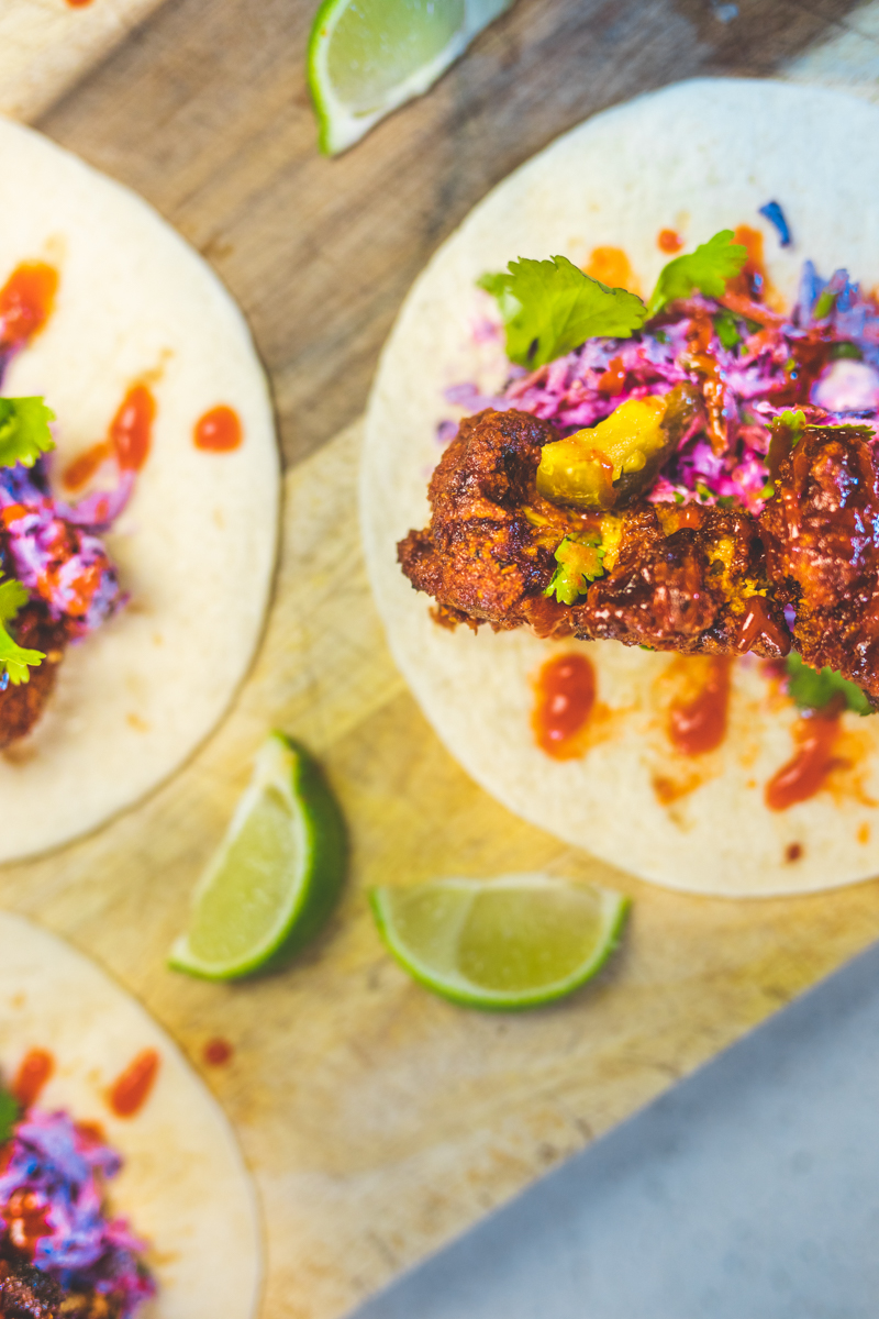 Crispy BBQ Broccoli Tacos with slaw - Georgie Eats