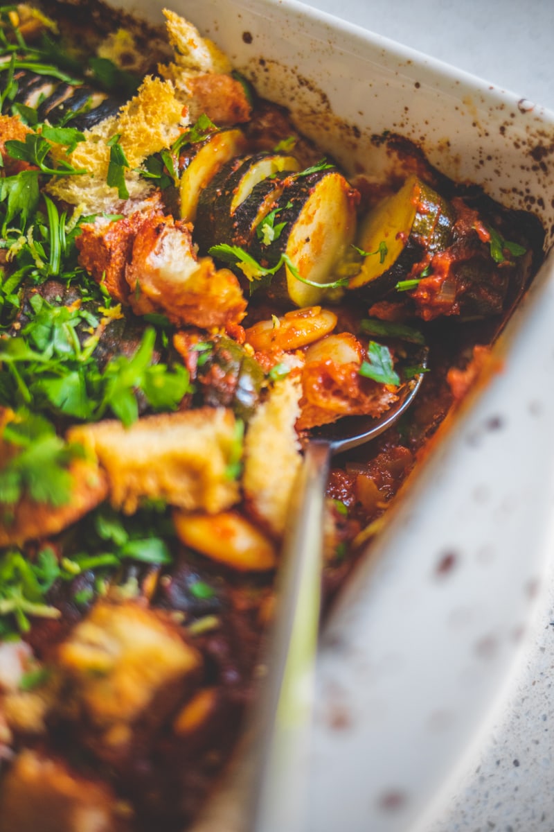 Hasselback Courgette Bake with Harissa & Croutons - Georgie Eats