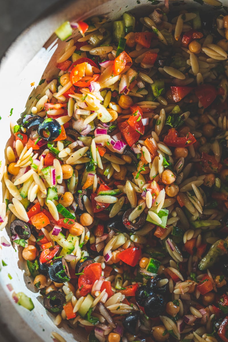 Mediterranean Orzo Pasta Salad close up - Georgie Eats