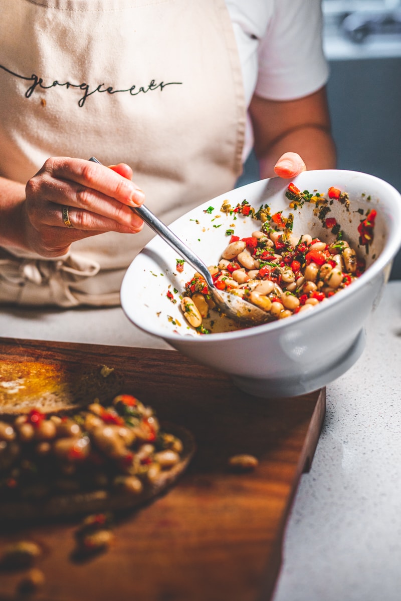 Making the Roasted Pepper, Caper & Cannellini Toast - Georgie Eats