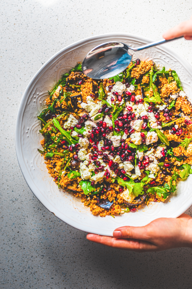 Couscous, Pomegranate and Harissa Aubergine Salad - Georgie Eats