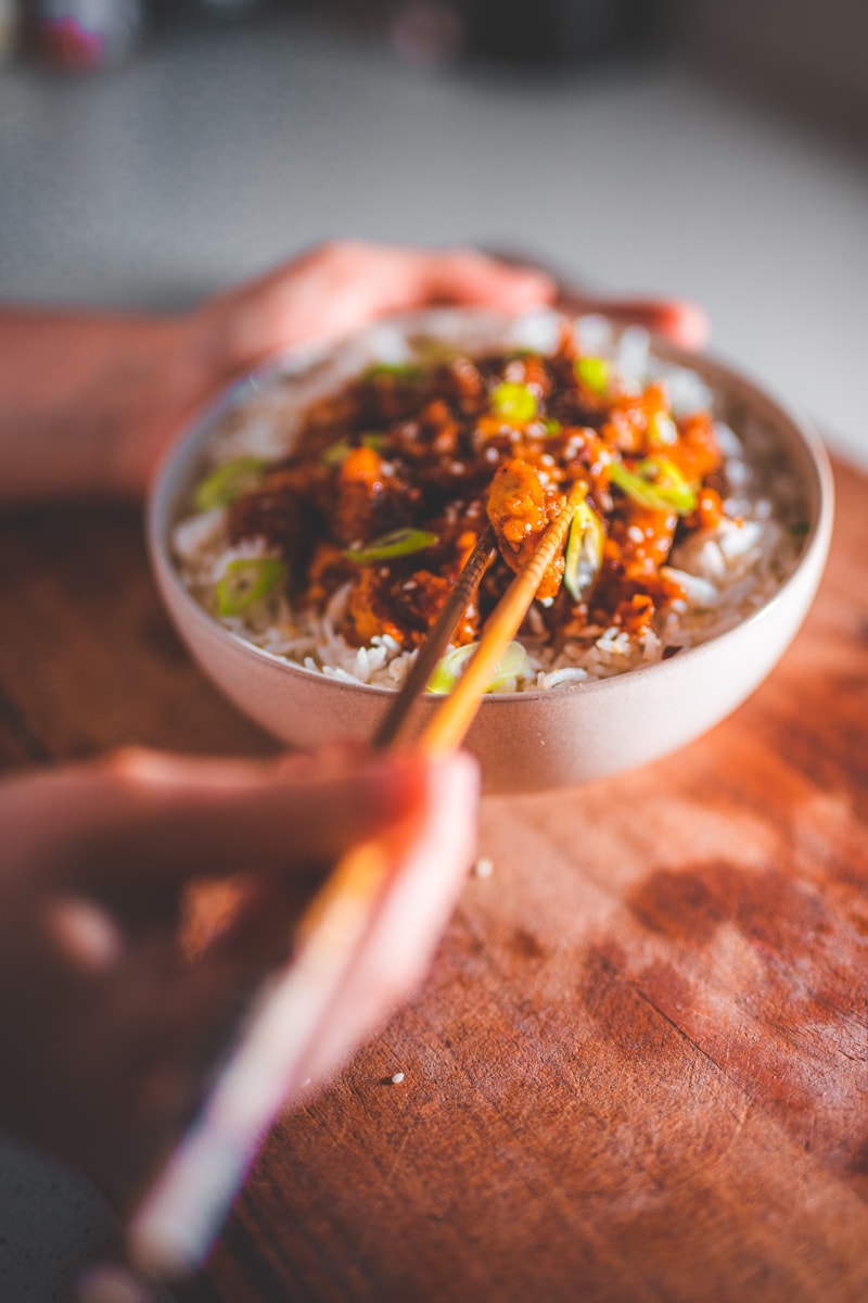 Sticky Sesame Tofu and chopsticks - Georgie Eats