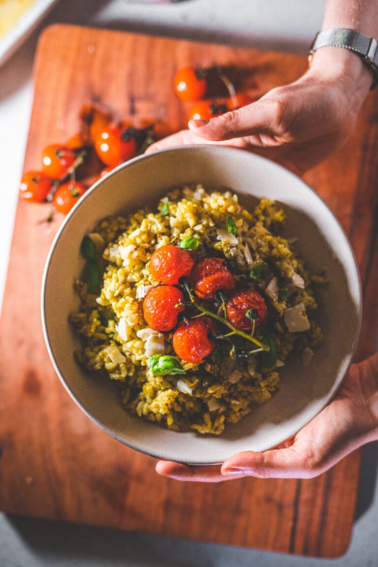 Pesto Baked Risotto With Roasted Tomatoes I Georgie Eats