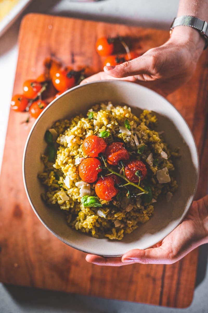 Pesto Baked Risotto with Roasted Tomatoes - Georgie Eats