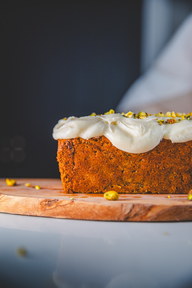 Courgette & Pistachio Loaf with Vanilla Frosting - Georgie Eats