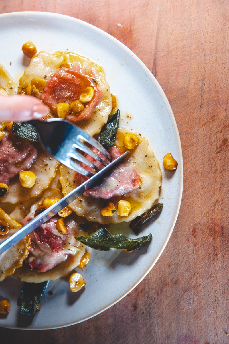 Cutting into the Beetroot & Hazelnut Ravioli - Georgie Eats