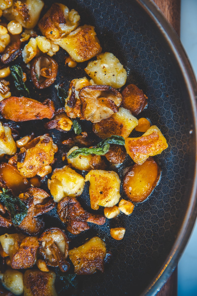 Mushroom, Sage & Hazelnut Gnocchi in a pan - Georgie Eats