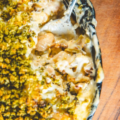 Creamy Cauliflower Cheese & Beans with Caper & Parsley Crumb - Georgie Eats