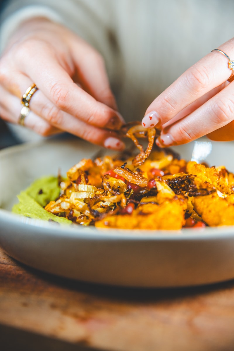 Harissa Cauliflower & Green Hummus Bowls - Georgie Eats