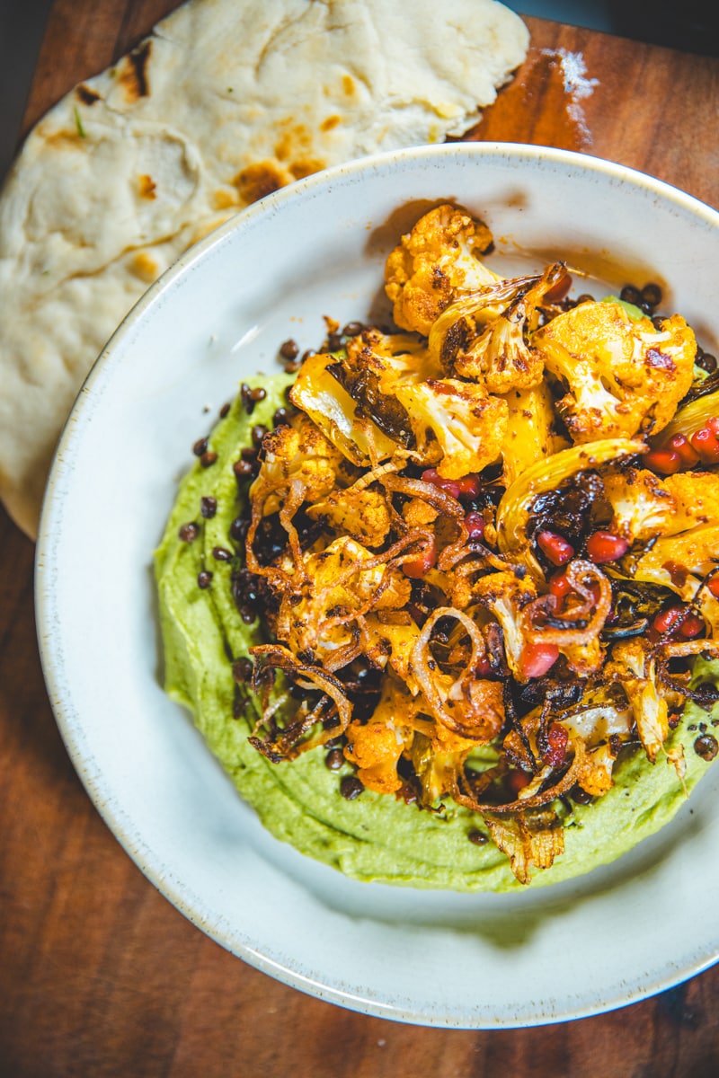 Harissa Cauliflower & Green Hummus Bowls - Georgie Eats