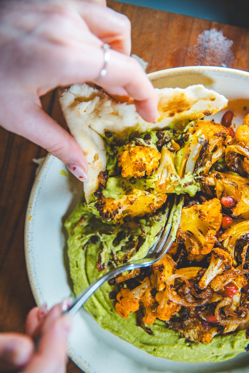 Harissa Cauliflower & Green Hummus Bowls - Georgie Eats