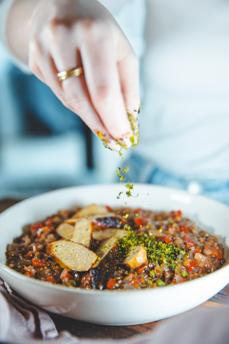 Serving the Red Pepper Lentils, Sausages & Salsa Verde Crumb - Georgie Eats