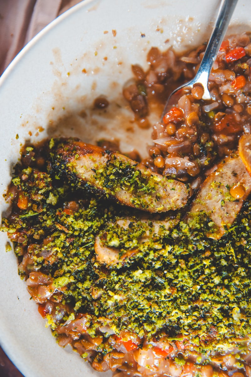 Red Pepper Lentils, Sausages & Salsa Verde Crumb - Georgie Eats