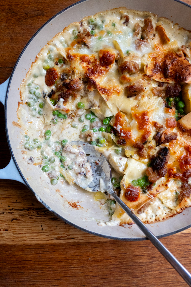 Pea, Artichoke & Sausage (Kinda) Lasagne - Geogie Eats