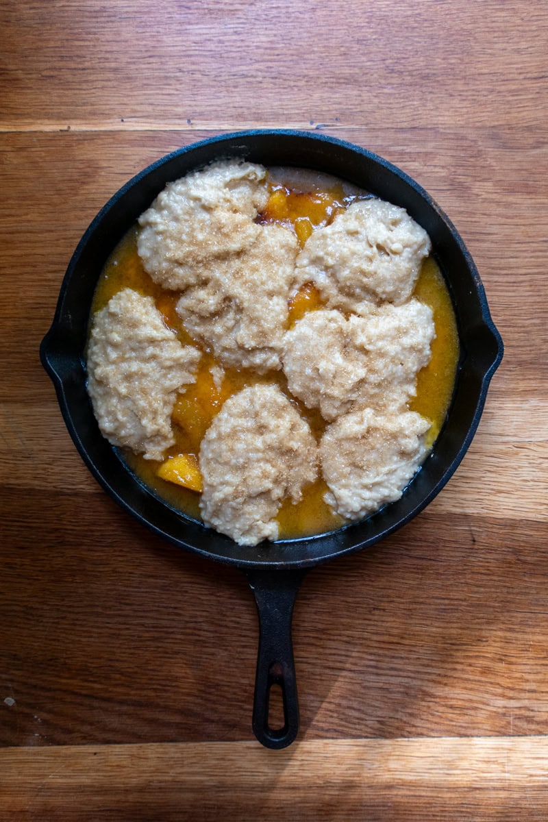 Peach Cobbler before going into the oven - Georgie Eats