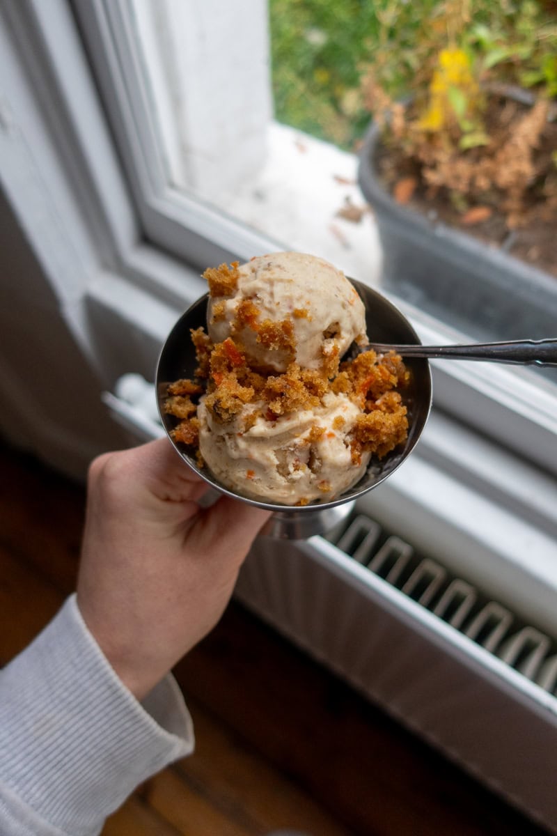 Carrot Cake Ice Cream in a metal dish - Georgie Eats